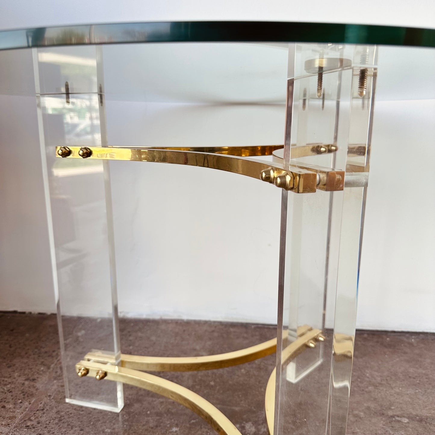 INTERLUDE GLASS, LUCITE, AND BRASS ACCENT TABLES