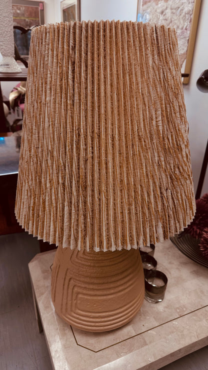 EARTHTONE POTTERY CERAMIC LAMP WITH ORIGINAL LINEN PLEATED SHADE