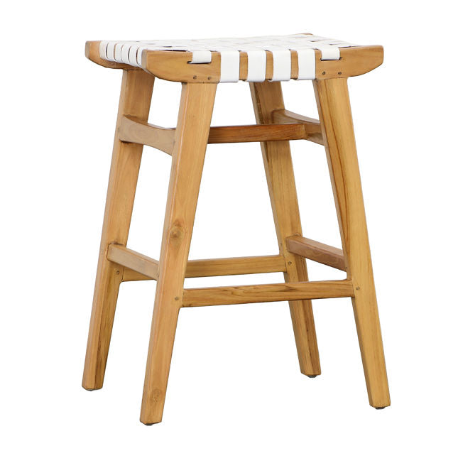 WOVEN LEATHER COUNTER HEIGHT STOOL - WHITE