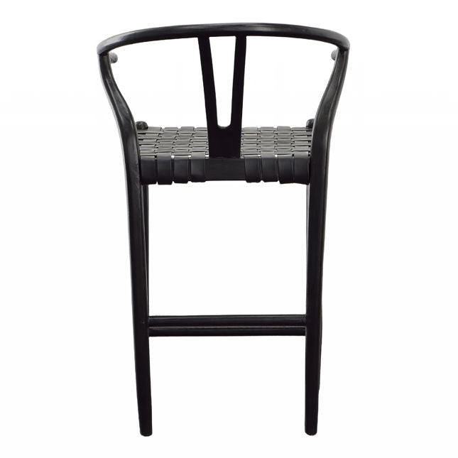 WISHBONE LEATHER COUNTER HEIGHT STOOL - BLACK