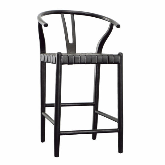 WISHBONE LEATHER COUNTER HEIGHT STOOL - BLACK