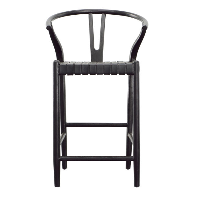 WISHBONE LEATHER COUNTER HEIGHT STOOL - BLACK