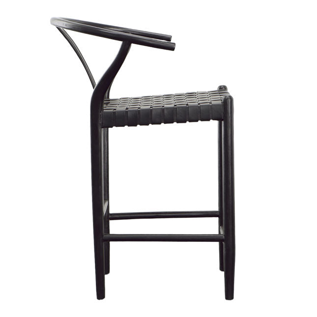 WISHBONE LEATHER COUNTER HEIGHT STOOL - BLACK