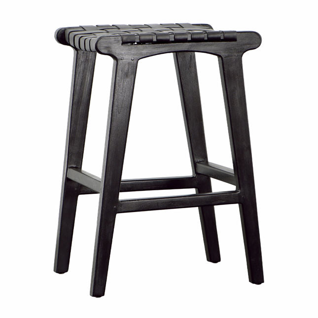 WOVEN LEATHER COUNTER HEIGHT STOOL - BLACK