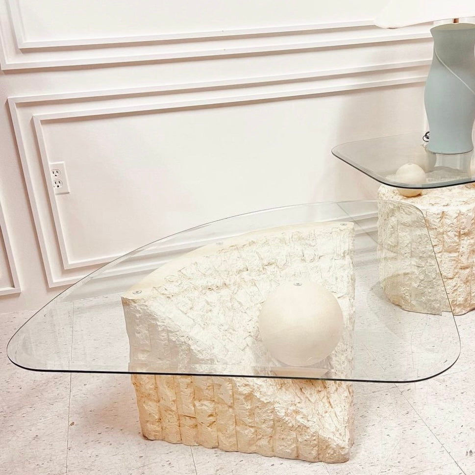 POSTMODERN TESSELLATED STONE COFFEE TABLE WITH GLASS TOP