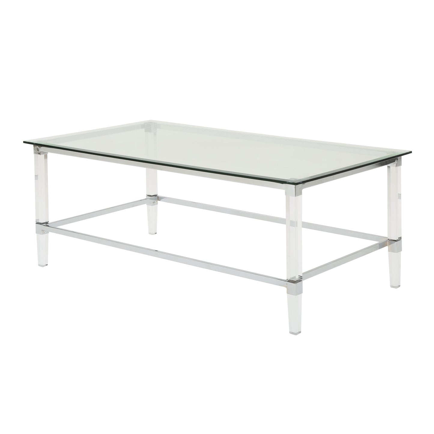 COFFEE TABLE WITH LUCITE & CHROME, GLASS TOP
