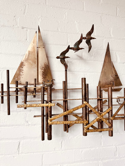 CURTIS JERE SAILBOATS & SEAGULLS METAL WALL SCULPTURE