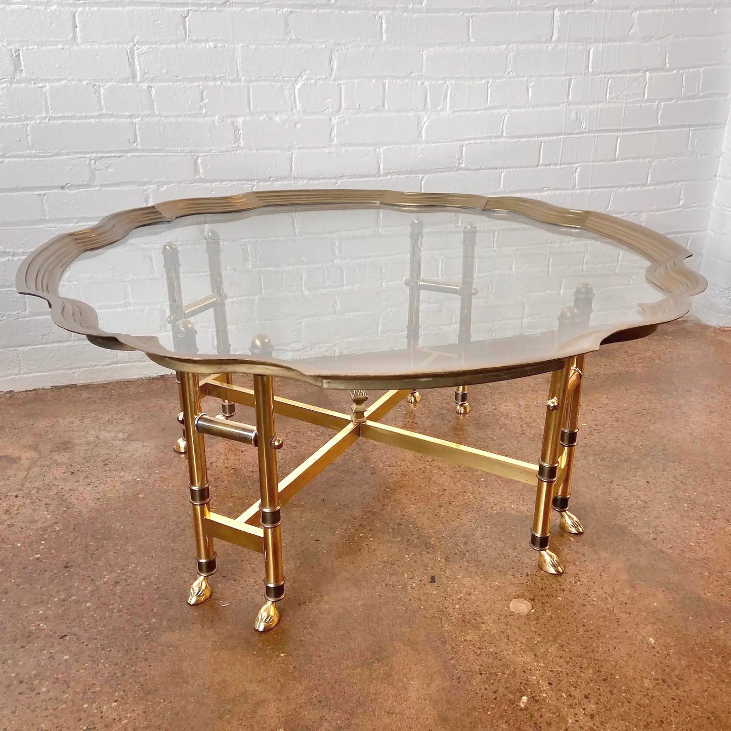 Baker Brass Scalloped Glass and Faux Bamboo Large Coffee Table