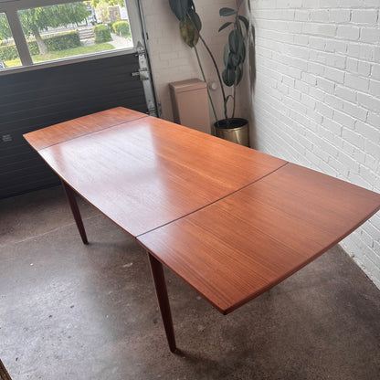 DANISH TEAK BOAT SHAPED DINING TABLE WITH DRAW LEAF