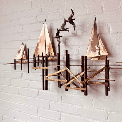CURTIS JERE SAILBOATS & SEAGULLS METAL WALL SCULPTURE