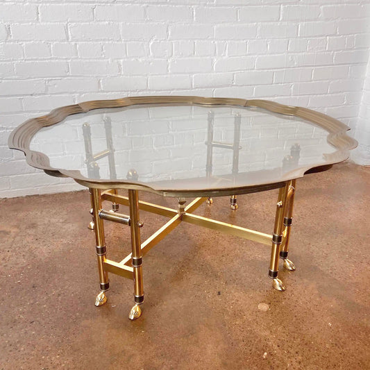 BAKER COFFEE TABLE WITH BRASS, GLASS & FAUX BAMBOO