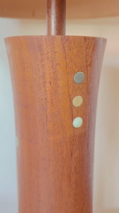 RARE TURNED TEAK AND CERAMIC MARTZ DOTS LAMP WITH SHADE