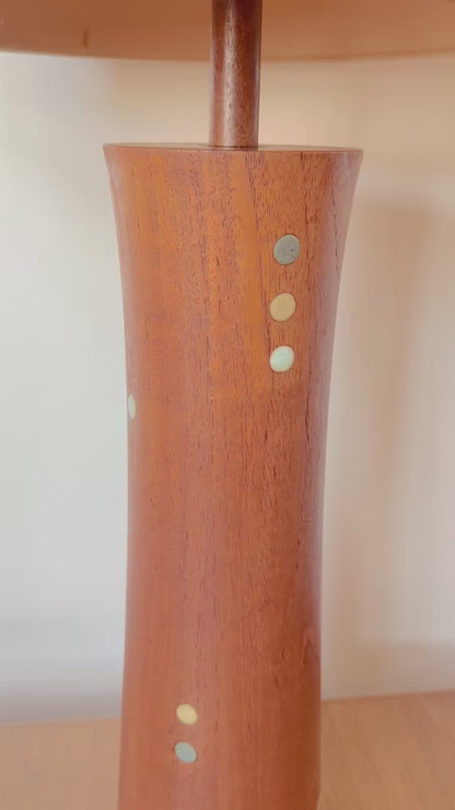 RARE TURNED TEAK AND CERAMIC MARTZ DOTS LAMP WITH SHADE