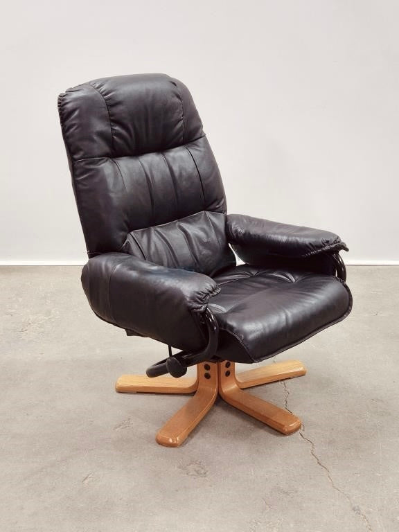 VINTAGE EURO BLACK LEATHER SWIVEL + RECLINER ARM CHAIR