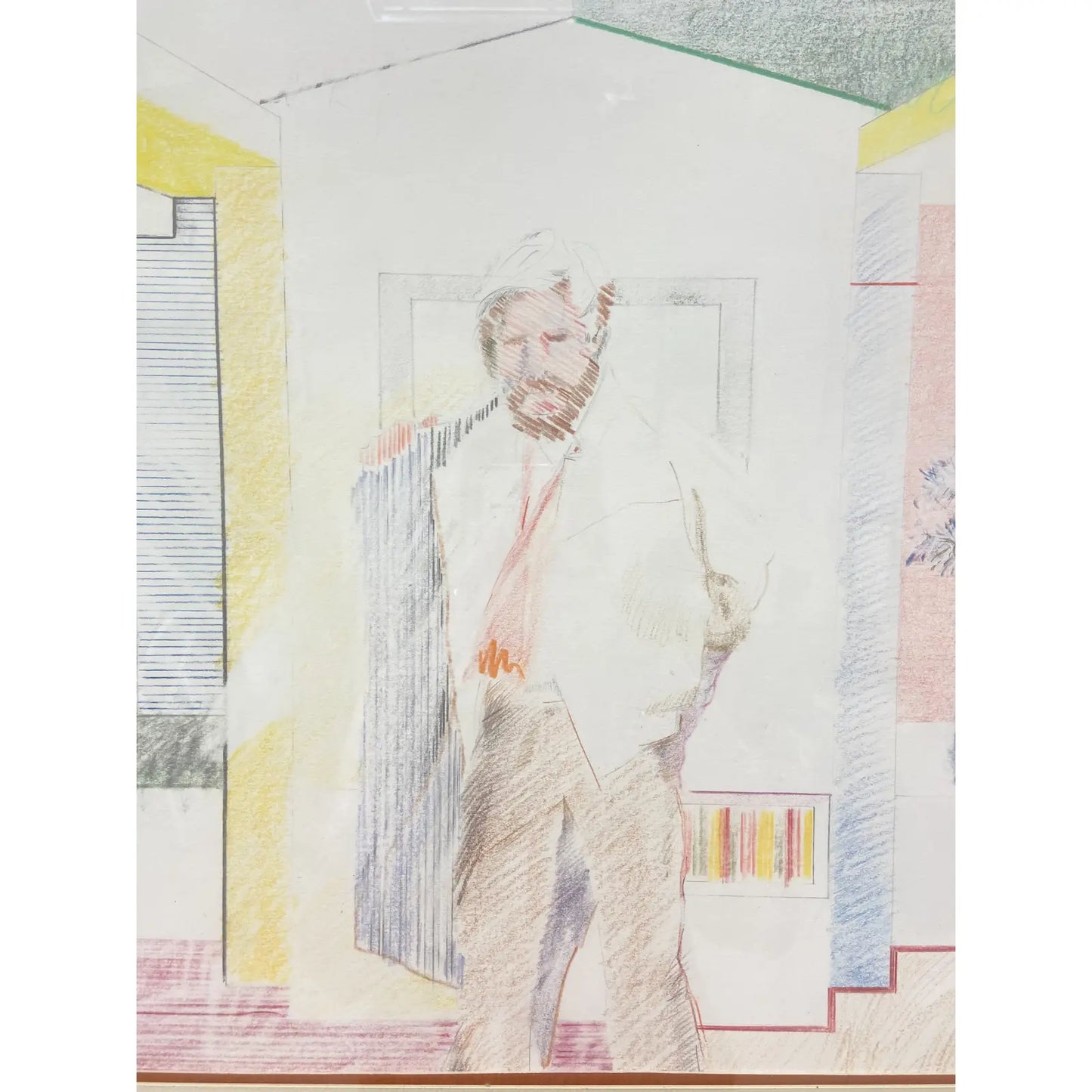 1980S FIGURATIVE MALE IN INTERIOR COLOR PENCIL SKETCH BY PAUL RYBARCZYK, FRAMED