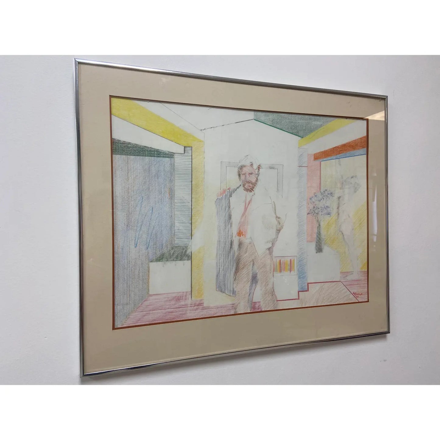 1980S FIGURATIVE MALE IN INTERIOR COLOR PENCIL SKETCH BY PAUL RYBARCZYK, FRAMED
