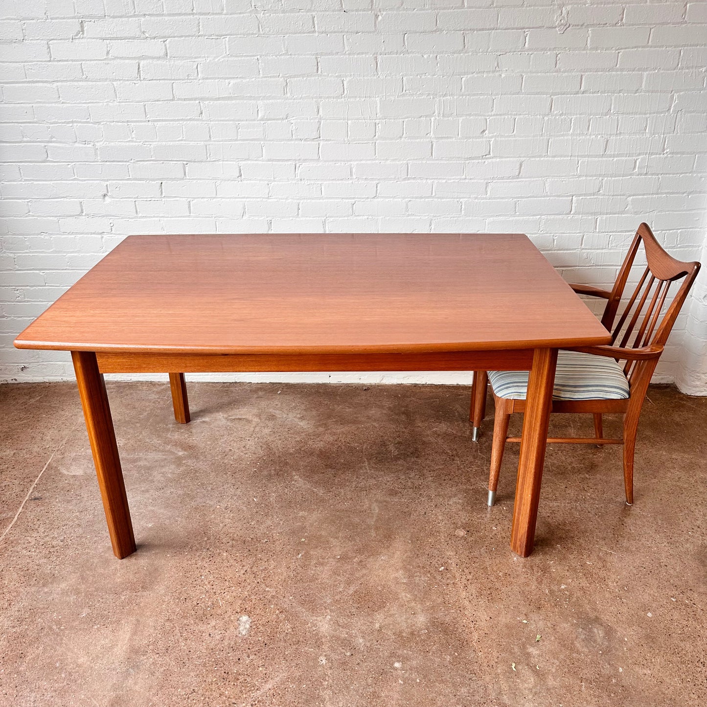 RESTORED BOAT-SHAPE TEAK DINING TABLE WITH EXTENSIONS