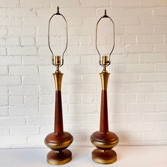 TONY PAUL FOR WESTWOOD WALNUT & BRASS TABLE LAMPS - PAIR