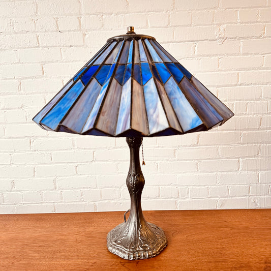 ART DECO BLUE STAINED GLASS ACCORDIAN TABLE LAMP