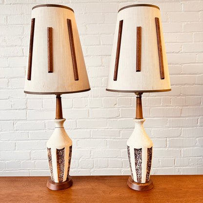 CERAMIC & TEAKWOOD TABLE LAMPS PAIR