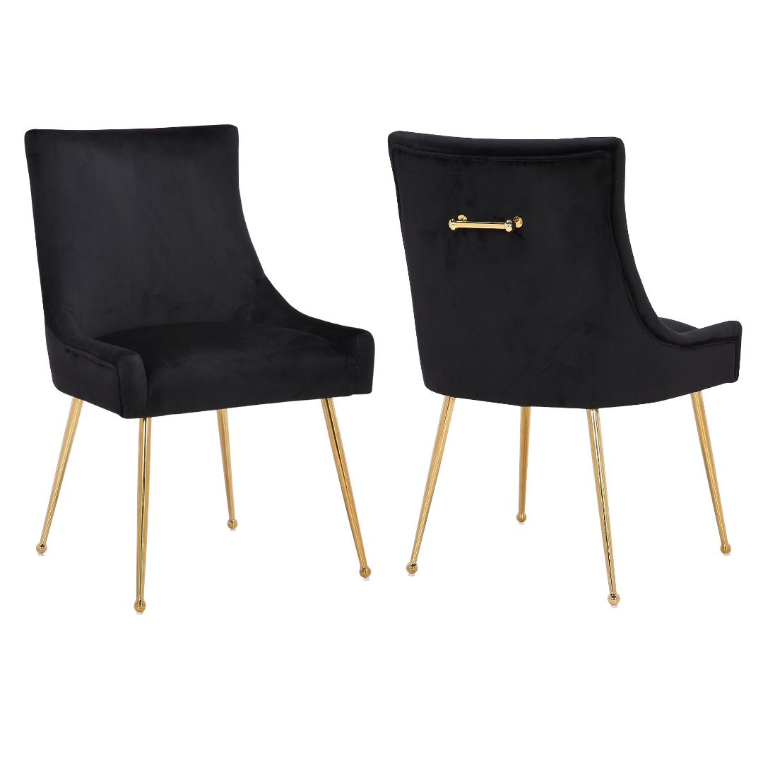 BLACK VELVET ACCENT CHAIRS WITH GOLD HANDLE - PAIR