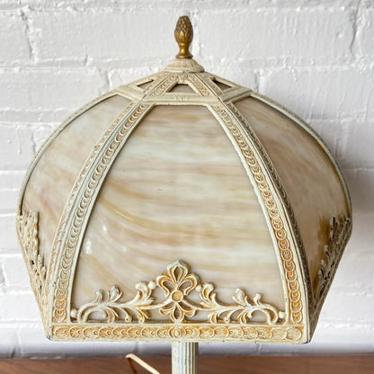ANTIQUE BARBOLA SLAG GLASS LAMP WITH CAST METAL