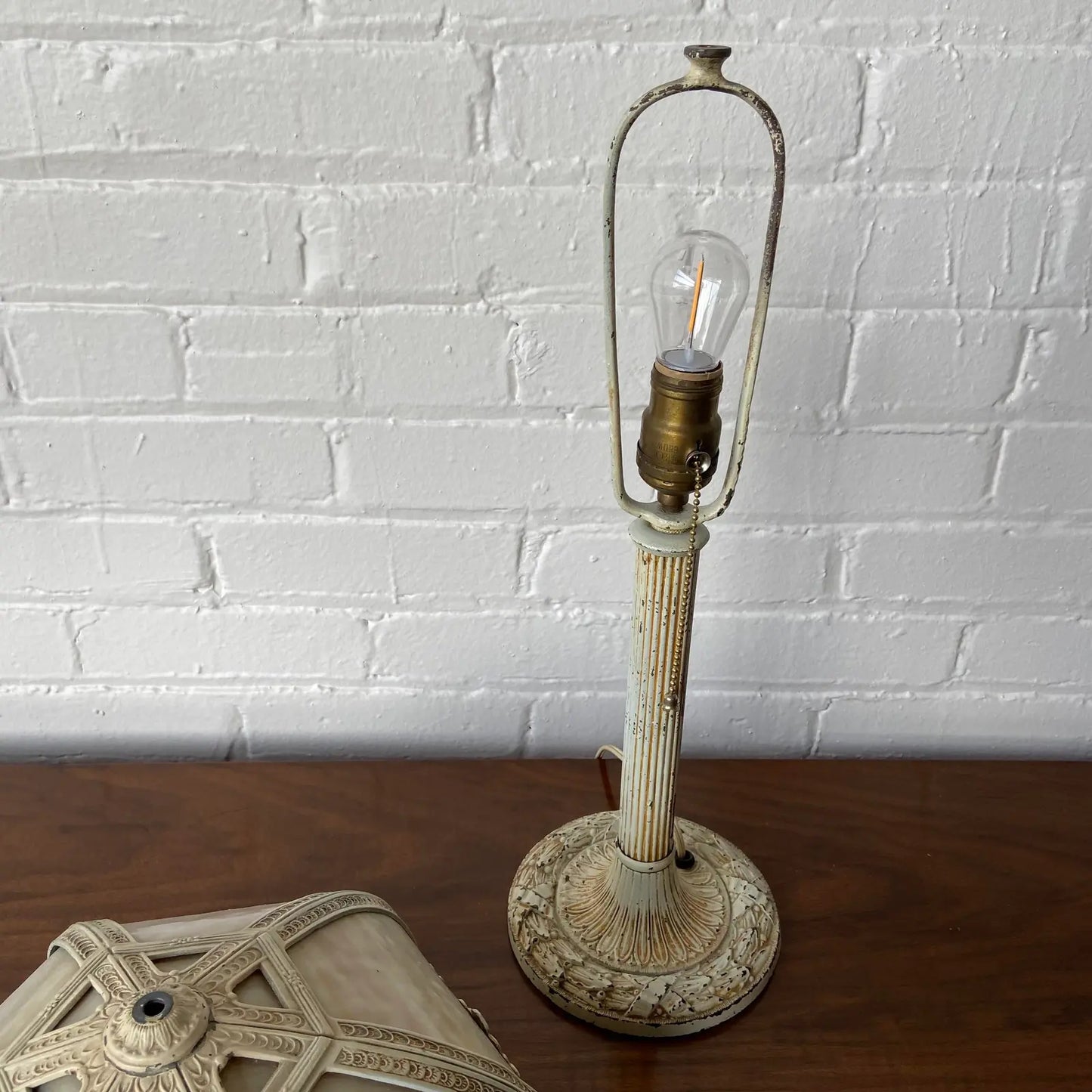 ANTIQUE BARBOLA SLAG GLASS LAMP WITH CAST METAL