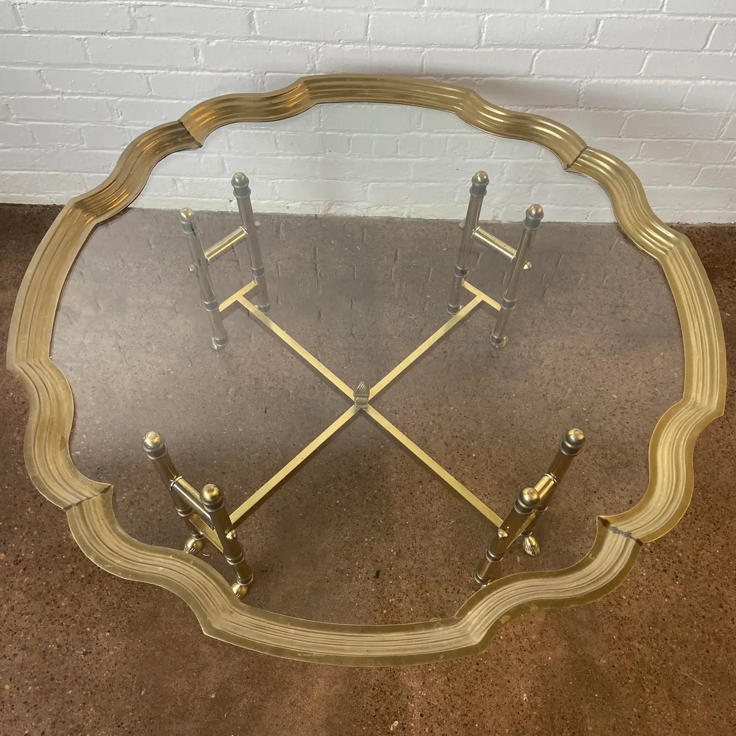 Baker Brass Scalloped Glass and Faux Bamboo Large Coffee Table