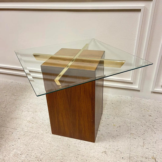 DANISH TEAK TABLE WITH BRASS BRACES & GLASS TOP