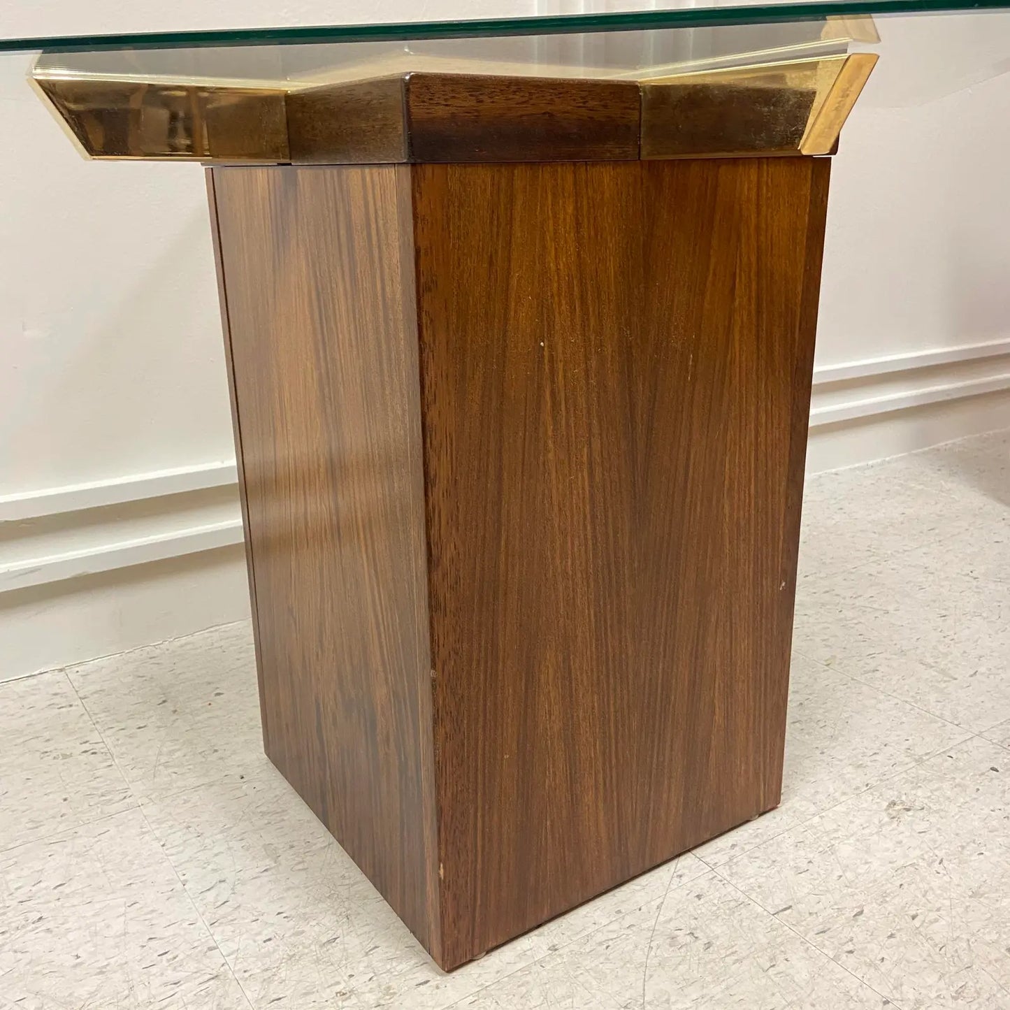 DANISH TEAK SIDE TABLE WITH BRASS CROSS BRACES AND GLASS TOP