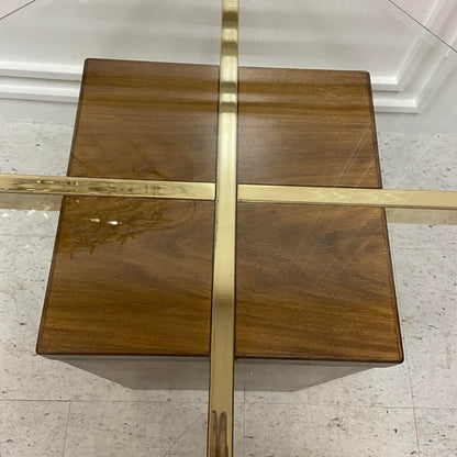 DANISH TEAK TABLE WITH BRASS BRACES & GLASS TOP