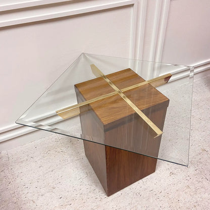 DANISH TEAK TABLE WITH BRASS BRACES & GLASS TOP