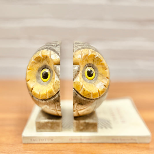 ITALIAN MARBLE ALABASTER OWL HEAD BOOKENDS