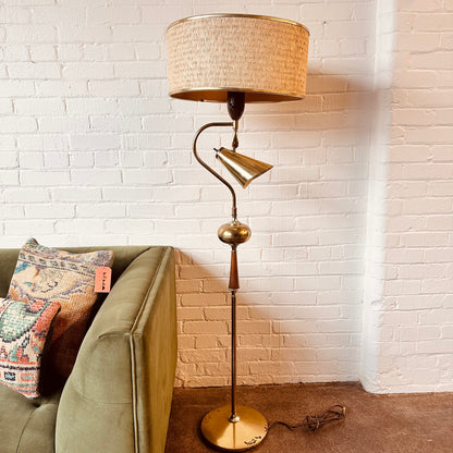 1950S MCM ATOMIC BRASS FLOOR LAMP IN THURSTON STYLE WITH SHADE
