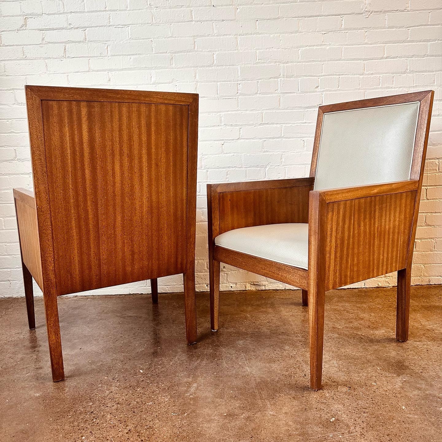 PAIR OF RIBBON MAHOGANY WOOD CHAIRS W/ FAUX OSTRICH SKIN