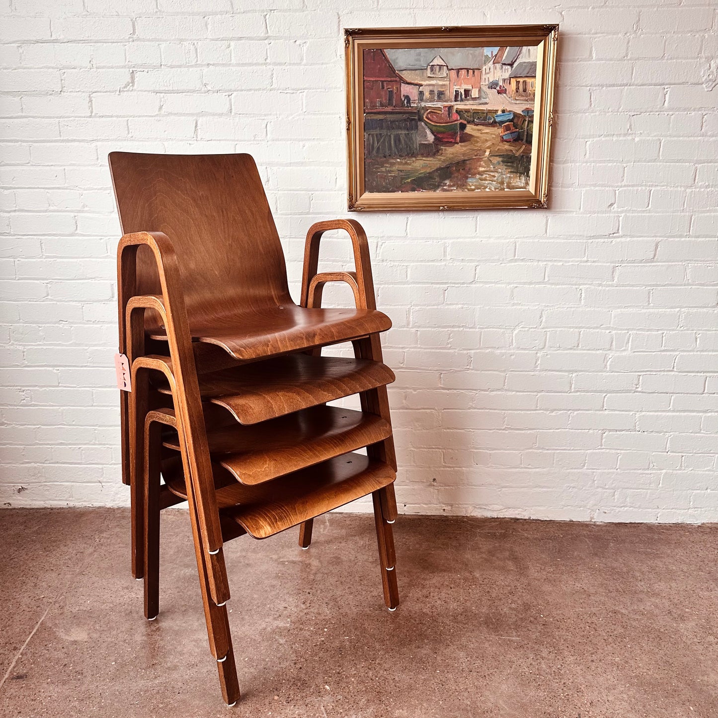 SET OF 4 BENTWOOD STACKING ARM CHAIRS - MADE IN HOLLAND