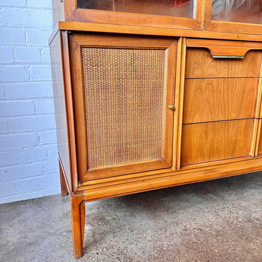 MCM WALNUT & CANNED TWO-PIECE HUTCH