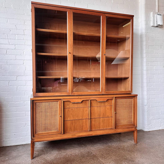 MCM WALNUT & CANNED TWO-PIECE HUTCH