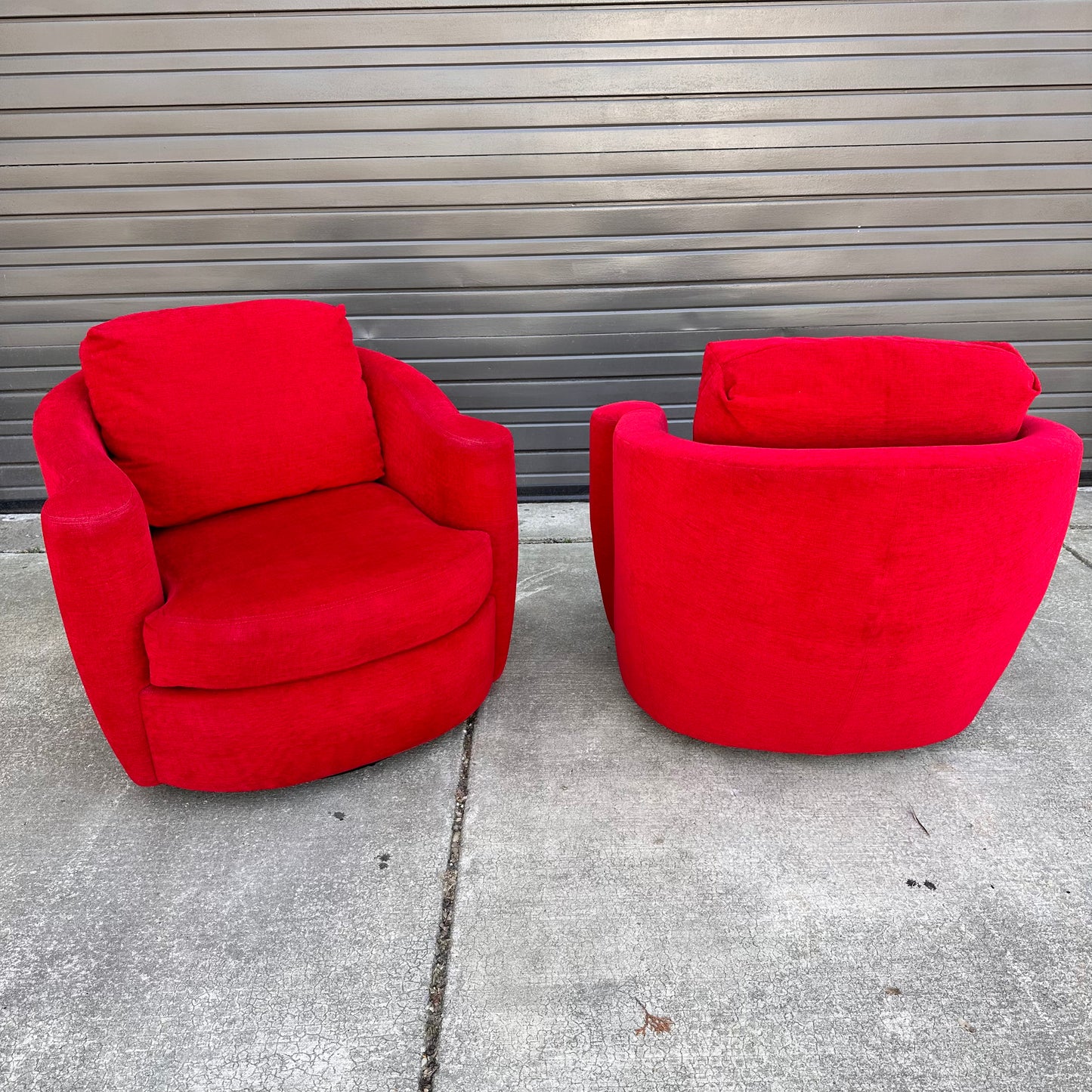 VLADIMIR KAGAN STYLE LIPSTICK RED SWIVEL AND ROCK ACCENT CHAIRS FROM DIRECTIONAL - A PAIR