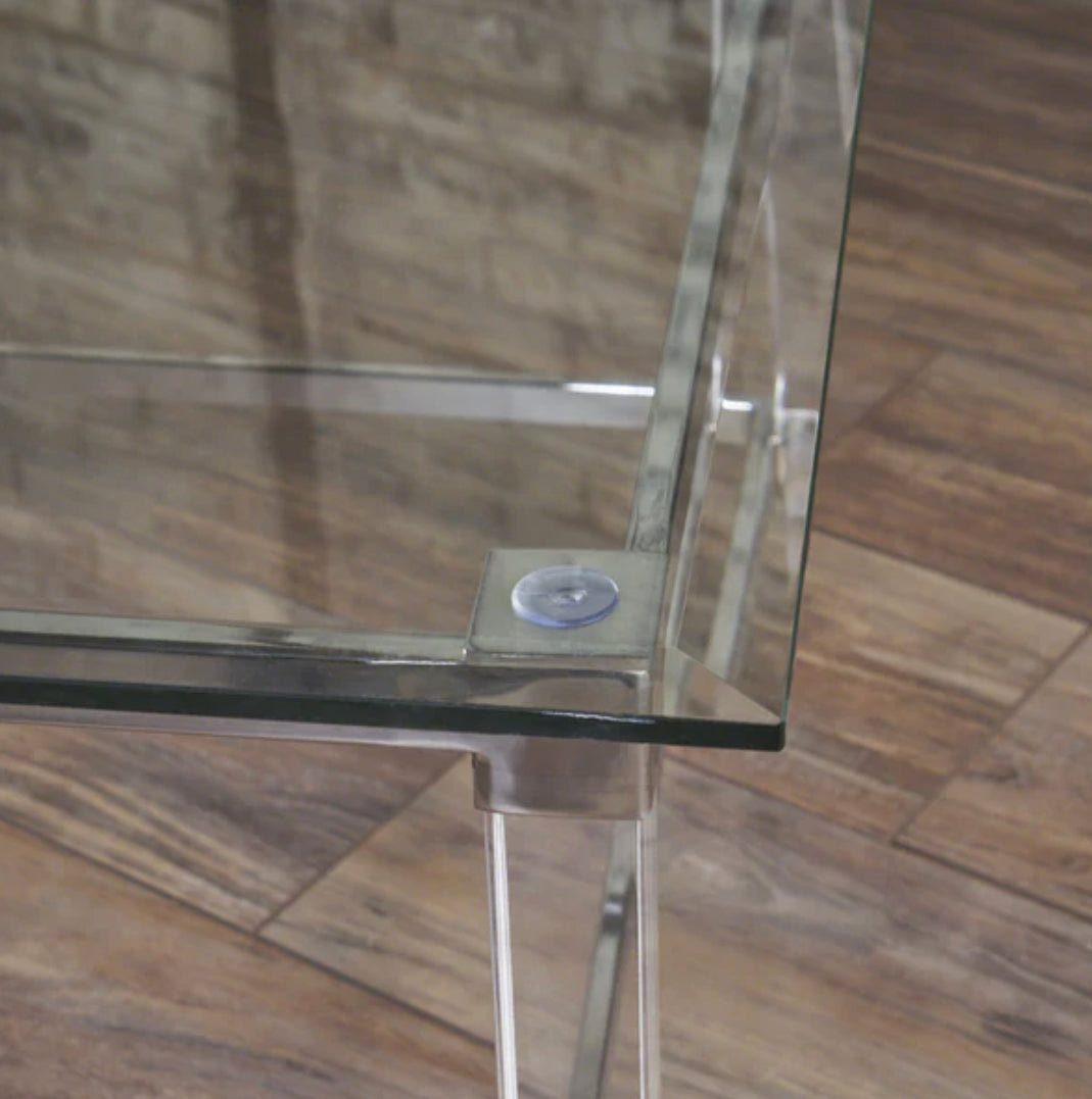 COFFEE TABLE WITH LUCITE & CHROME, GLASS TOP