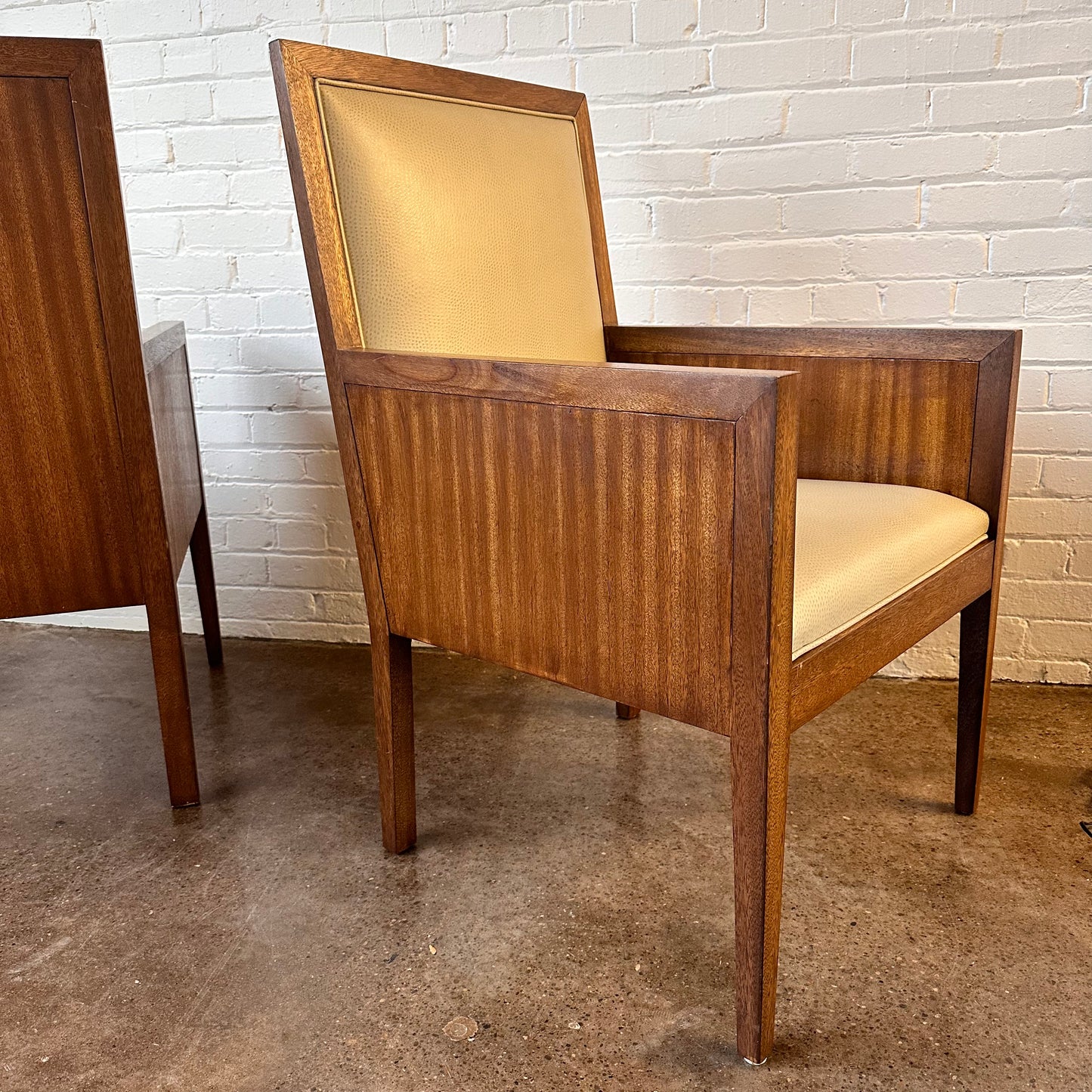 PAIR OF RIBBON MAHOGANY WOOD CHAIRS W/ FAUX OSTRICH SKIN