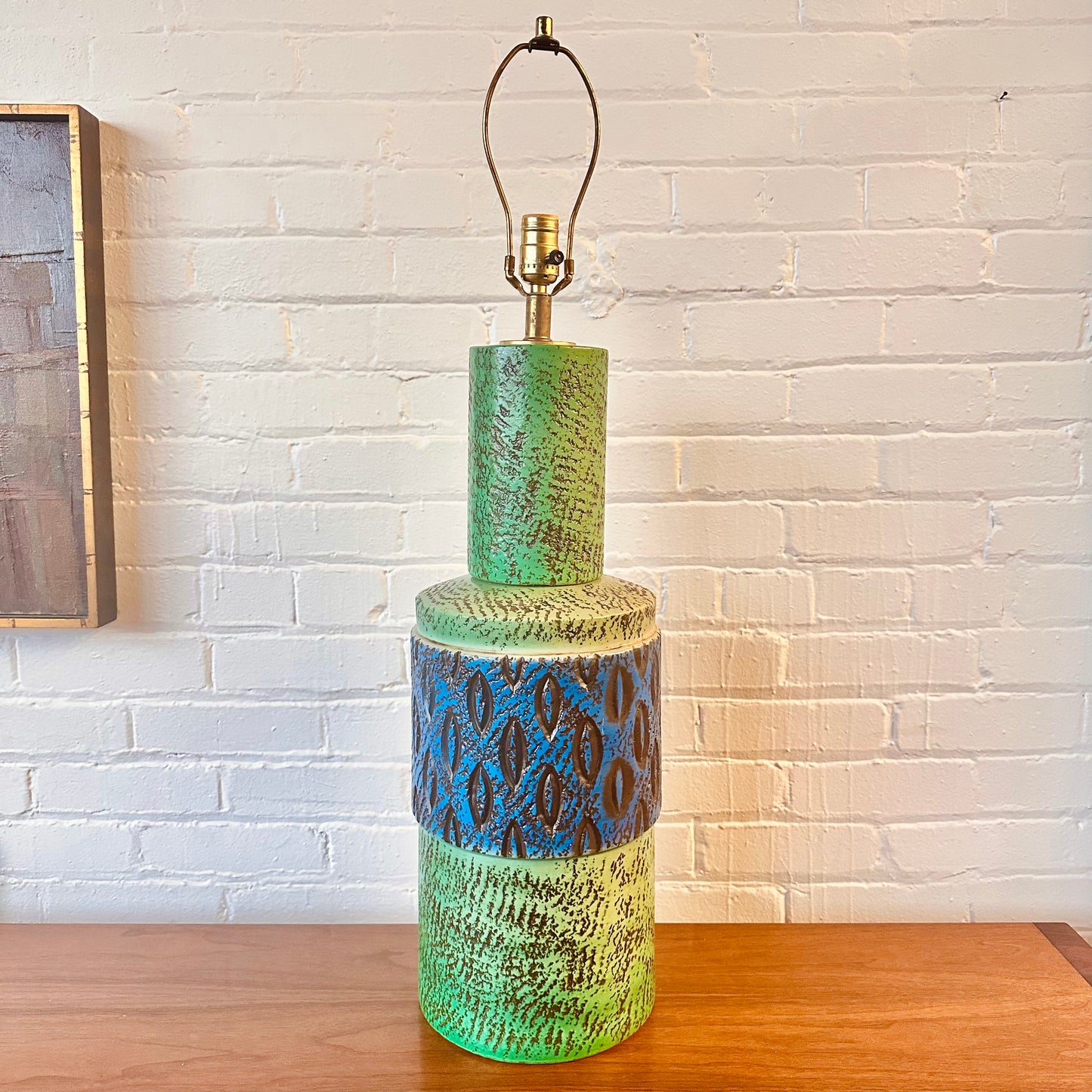 MID CENTURY BLUE AND GREEN TALL CERAMIC TABLE LAMP