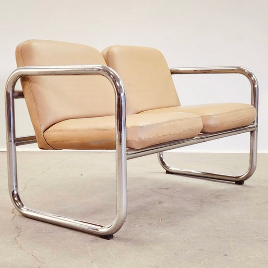 TUBULAR CHROME & CAMEL TWO-SEATER LOVESEAT