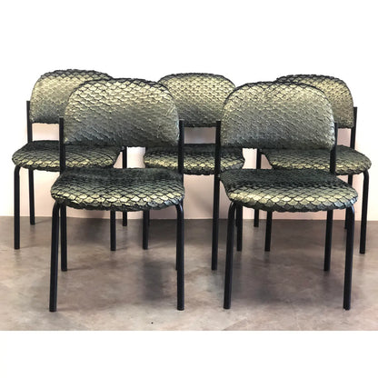 SET OF 5 METALLIC GREEN SCALLOPED POST-MODERN CHAIRS