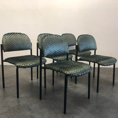 SET OF 5 METALLIC GREEN SCALLOPED POST-MODERN CHAIRS