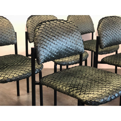 SET OF 5 METALLIC GREEN SCALLOPED POST-MODERN CHAIRS
