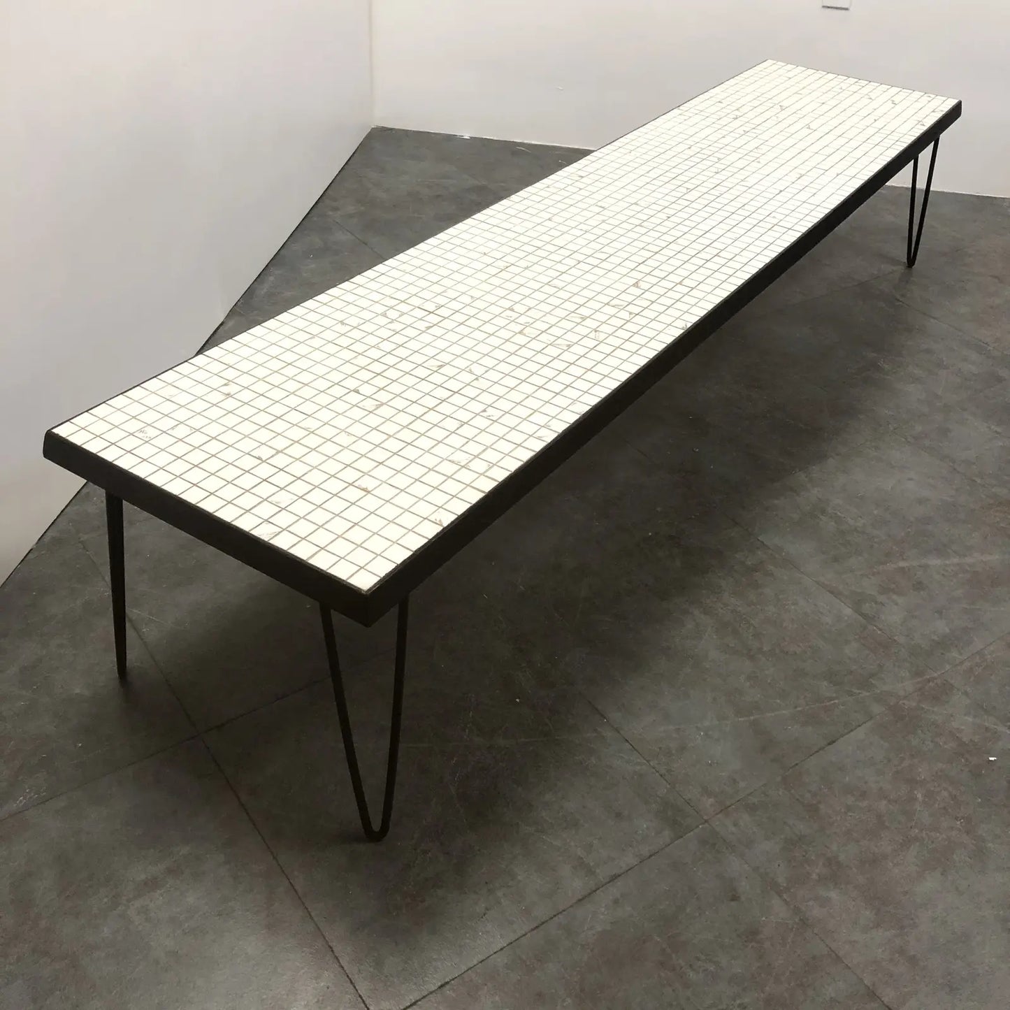 LONG MOSAIC HAIRPIN COFFEE TABLE WITH BLACK & WHITE TILE