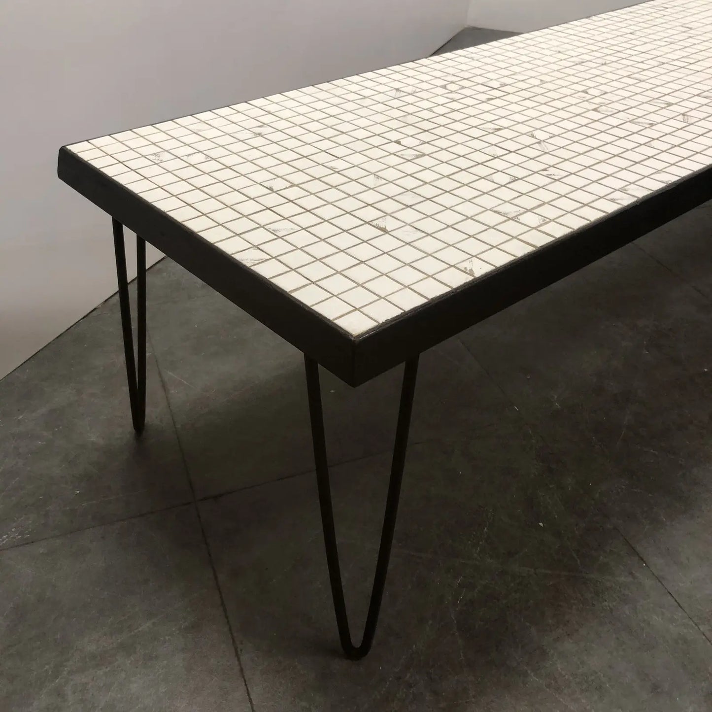 LONG MOSAIC HAIRPIN COFFEE TABLE WITH BLACK & WHITE TILE