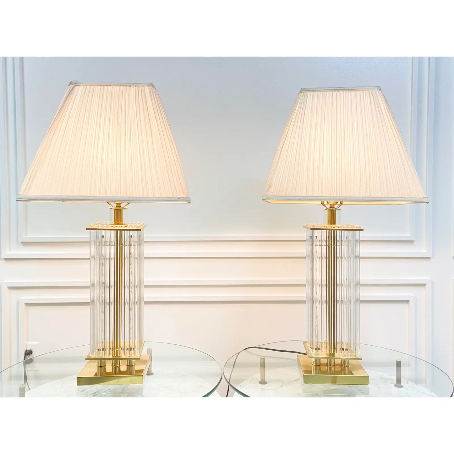 PAIR OF GLASS ROD & BRASS TABLE LAMPS BY LIGHT LINE